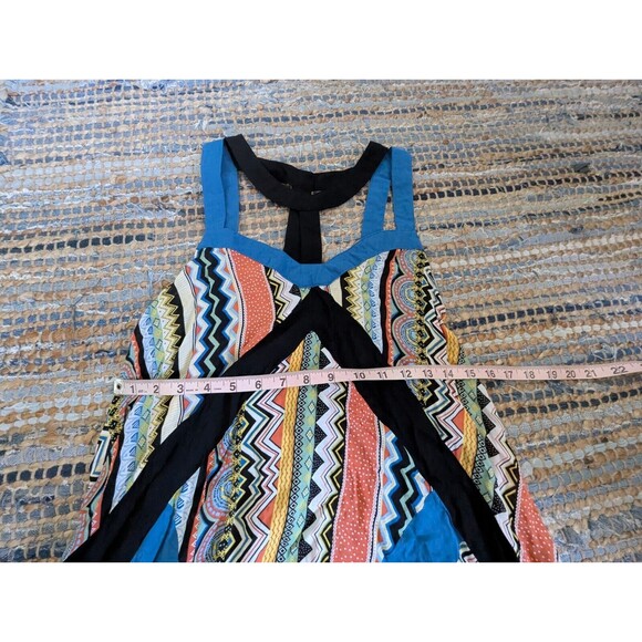 Addie Handkerchief Dress High Low Criss Cross Harness Neck Med Blue Black Multic - Picture 4 of 5